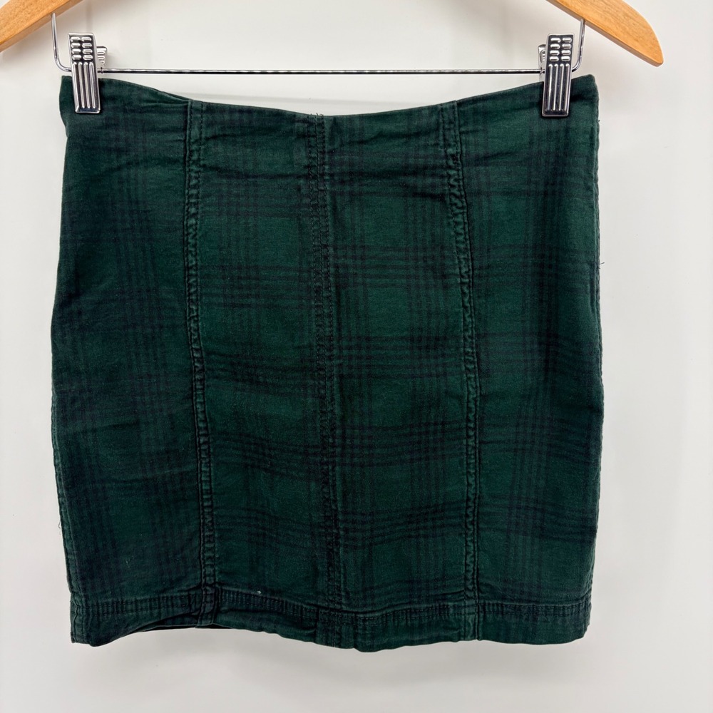Free People Plaid Mini Skirt Size 4 Green Black Back Zip Cotton Grunge Casual